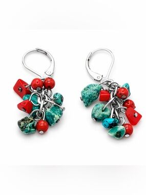 Turquoise & Red Stone Cluster Drop Earrings